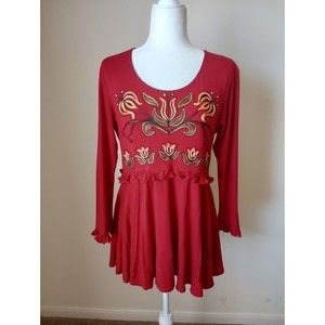 Cordelia Women's L Dark Red Round Neck Long Sleeve Floral Embroidered Ruffle Top